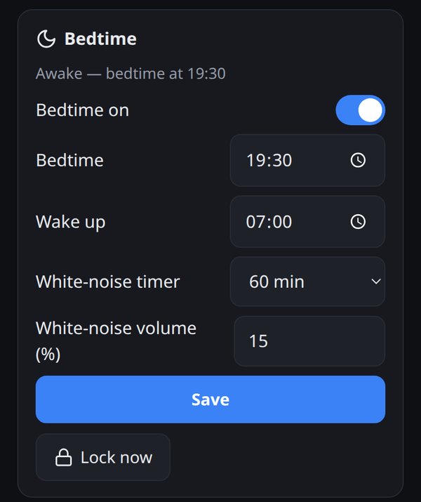 Bedtime, wake-up and the white-noise timer.
