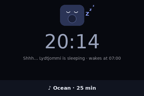 Bedtime: the box is asleep, white noise plays, and it wakes in the morning.